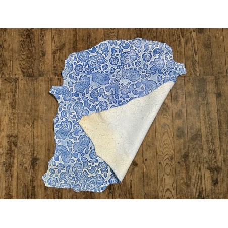 Peau de cuir de mouton motif fleuri - Bleu - Cuir en Stock