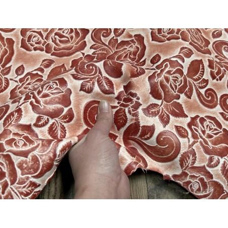 Peau de cuir de mouton motif fleuri - Bordeaux - Cuir en Stock